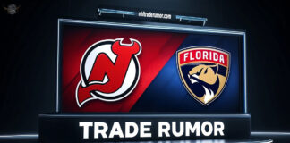 New Jersey Devils, Florida Panthers logos on display with the words Trade Rumor