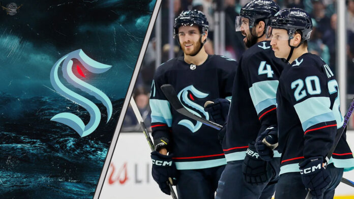 Seattle Kraken Eyeing Major Shakeup – Who Could Go? Seattle Kraken players celebrating goal and wondering if one of them will be traded this offseason?