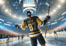 Sidney Crosby skates the puck in a Pittsburgh Penguins jersey