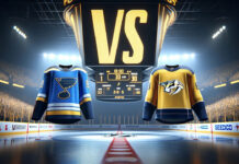 St. Louis Blues and Nashville Predators hockey logos on a hockey rink