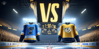 St. Louis Blues and Nashville Predators hockey logos on a hockey rink