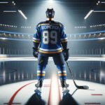 Pavel Buchnevich standing at center ice at the St. Louis Blues arena
