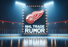 Detroit Red Wings logo with the Words NHL trade rumor on a sign