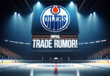 Edmonton Oilers logo on an NHL scoreboard with the words NHL trade rumor