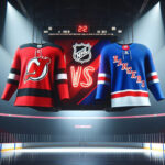 Watch NJ Devils vs. NY Rangers on TV Today – April 3, 2024 New Jersey Devils and New York Rangers jerseys showing on a scoreboard