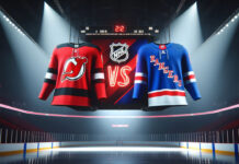 New Jersey Devils and New York Rangers jerseys showing on a scoreboard