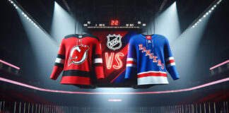 New Jersey Devils and New York Rangers jerseys showing on a scoreboard