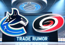 Vancouver Canucks and Carolina Hurricanes logos with the words trade rumor below the logo
