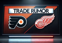 Philadelphia Flyers and Detroit Red Wings logos with the words trade rumor below the logos