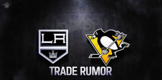 Pittsburgh Penguins Eyeing Arthur Kaliyev Trade | NHL Trade Rumors LA Kings and Pittsburgh Penguins logo with the word trade rumor below.