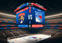 Florida Panthers and New York Rangers logos on an NHL scoreboard for a game 5 game preview
