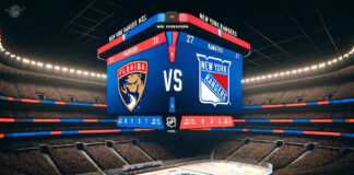 Florida Panthers and New York Rangers logos on an NHL scoreboard for a game 5 game preview