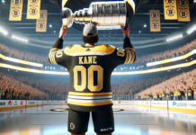 Patrick Kane in a Boston Bruins jersey holding the Stanley Cup over his head