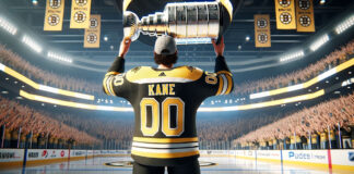 Patrick Kane in a Boston Bruins jersey holding the Stanley Cup over his head