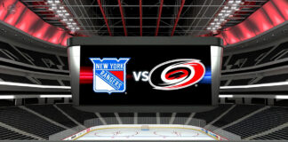 New York Rangers vs Carolina Hurricanes logo facing off on ice