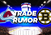 Colorado Avalanche and Boston Bruins logos with the words trade rumor between the logos