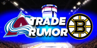 Colorado Avalanche and Boston Bruins logos with the words trade rumor between the logos