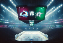 Colorado Avalanche and Dallas Stars logos facing off on a NHL scoreboard