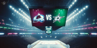 Colorado Avalanche and Dallas Stars logos facing off on a NHL scoreboard