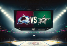 Colorado Avalanche vs. Dallas Stars logos showing on an NHL scoreboard