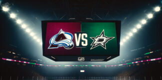 Colorado Avalanche vs. Dallas Stars logos showing on an NHL scoreboard