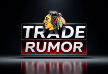 Chicago Blackhawks logo with the words trade rumor below the logo