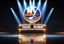 New York Islanders logo with the words trade rumor below the logo.