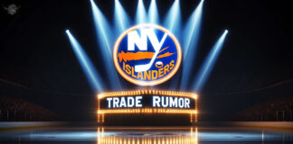 New York Islanders logo with the words trade rumor below the logo.
