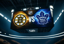 Boston bruins, Toronto Maple Leafs logo on an NHL scoreboard