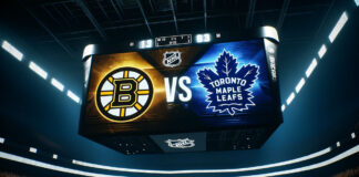 Boston bruins, Toronto Maple Leafs logo on an NHL scoreboard
