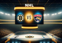 Boston Bruins and Florida Panthers logos facing off on a hockey rink