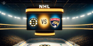 Boston Bruins and Florida Panthers logos facing off on a hockey rink