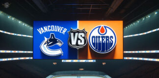 How to Watch Canucks vs Oilers Game 4: TV, Streaming & More | May 14, 2024 Vancouver Canucks and Edmonton Oilers logos on an NHL scoreboard with the word vs. between the logos