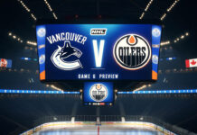 Vancouver Canucks and Edmonton Oilers logos on an NHL scoreboard with the words game 6 preview