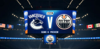 How to Watch Canucks vs. Oilers Game 6 (May 18, 2024) | Live Stream, TV, & Radio Vancouver Canucks and Edmonton Oilers logos on an NHL scoreboard with the words game 6 preview