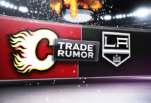 Calgary Flames and LA Kings logo on a scoreboard with the word Trade Rumor