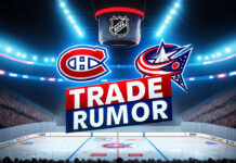 Montreal Canadiens and Columbus Blue Jackets logos with the words trade rumor below the logo