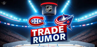 Montreal Canadiens and Columbus Blue Jackets logos with the words trade rumor below the logo