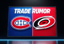 Montreal Canadiens and Carolina Hurricanes logo with the words trade rumor above the logos