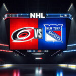 Watch Carolina Hurricanes vs. NY Rangers Live: TV, Stream, Game 2 Info Carolina Hurricanes and New York Rangers logos on an NHL scoreboard