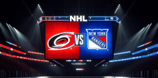 Carolina Hurricanes and New York Rangers logos on an NHL scoreboard