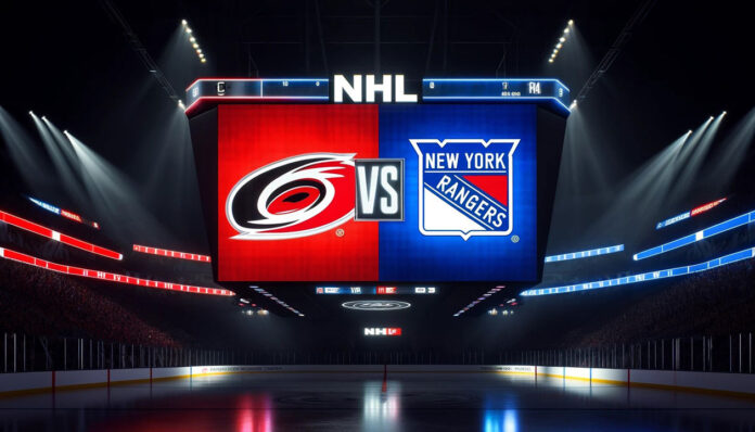 Carolina Hurricanes and New York Rangers logos on an NHL scoreboard