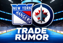 New York Rangers, Winnipeg Jets logo with the word trade rumor below the logos