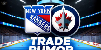 New York Rangers, Winnipeg Jets logo with the word trade rumor below the logos