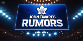 Toronto Maple Leafs logo with the words John Tavares rumors below the logo