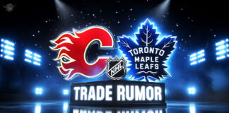 Calgary Flames and Toronto Maple Leafs logo with the words trade rumor below the logos
