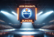 Edmonton Oilers logo an an NHL scoreboard with the words Leon Draisaitl rumors