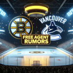 Elias Lindholm Rumors: Canucks Forward Likely Testing Free Agency | NHL Trade Rumors Boston Bruins and Vancouver Canucks logos with the words free agent rumors below the logos