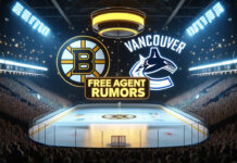 Boston Bruins and Vancouver Canucks logos with the words free agent rumors below the logos