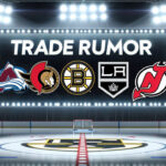 Linus Ullmark Trade Rumors: Kings, Senators, Avs & Devils Eye Bruins’ Vezina Winner Colorado Avalanche, Ottawa Senators, Boston Bruins, LA Kings, New Jersey Devils logos below the words trade rumor on a scoreboard at an NHL arena
